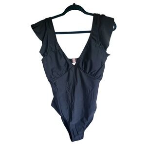 My Charmo L Women's Black One Piece Swimsuit‎ Ruffle Shoulder Keyhole Back NWT